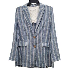 MNG Casual Women's Blue White Striped Linen Blend‎ Lightweight Long Blazer US S